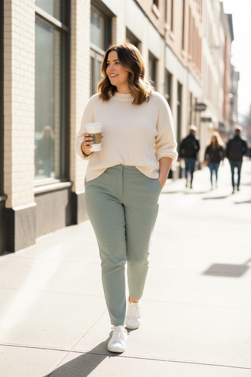 Size 12 model wearing sage mint trousers with cream knit sweater on sunny sidewalk