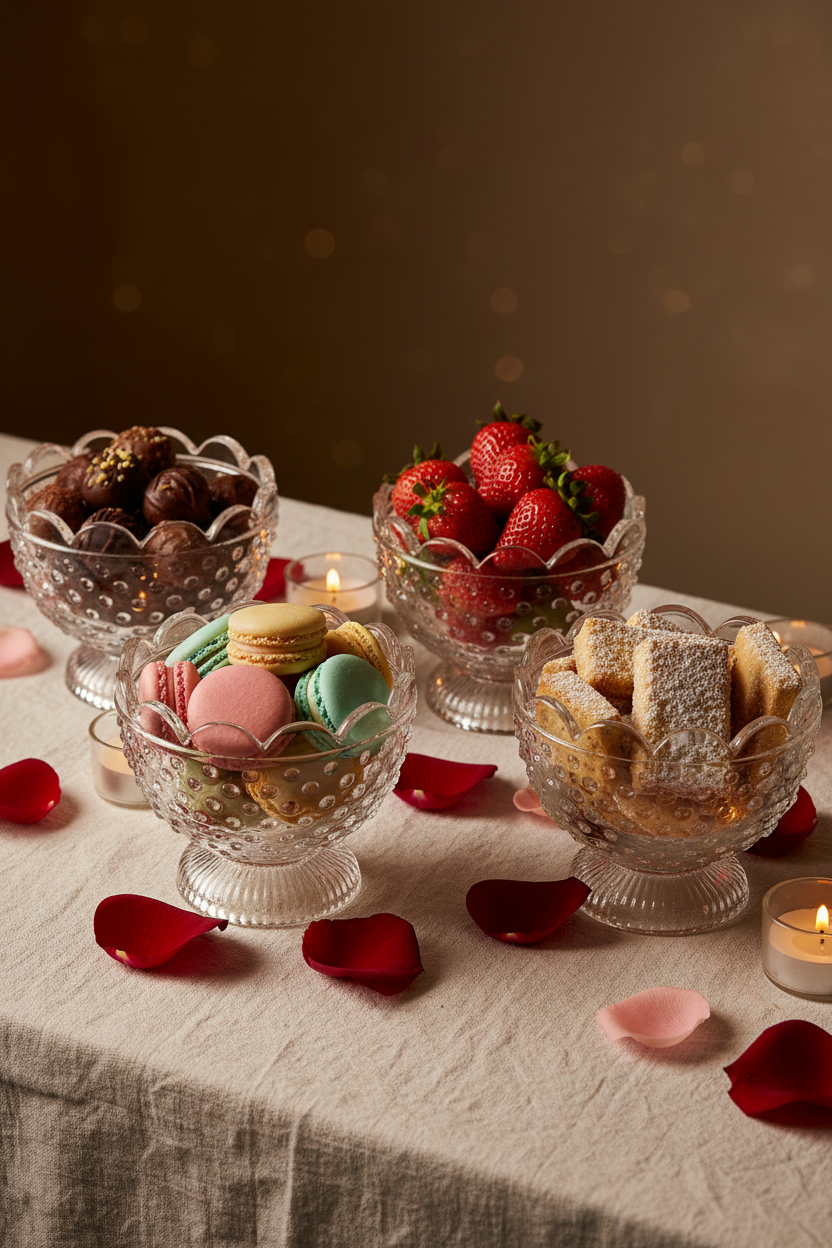 4 hobnail compote bowls filled with desserts — truffles, macarons, strawberries, shortbread