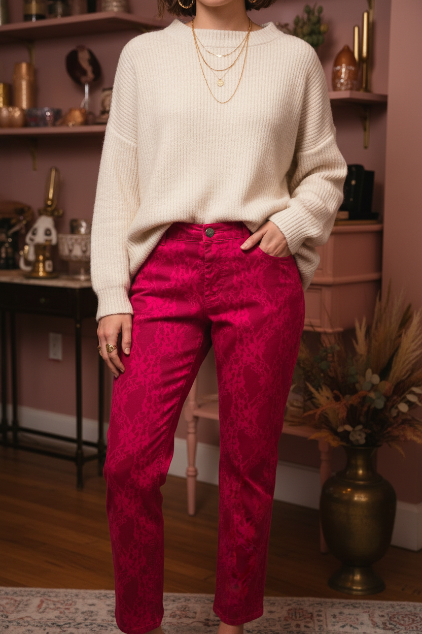Size 12 model wearing crimson lace jeans styled with cream sweater showing lace texture detail
