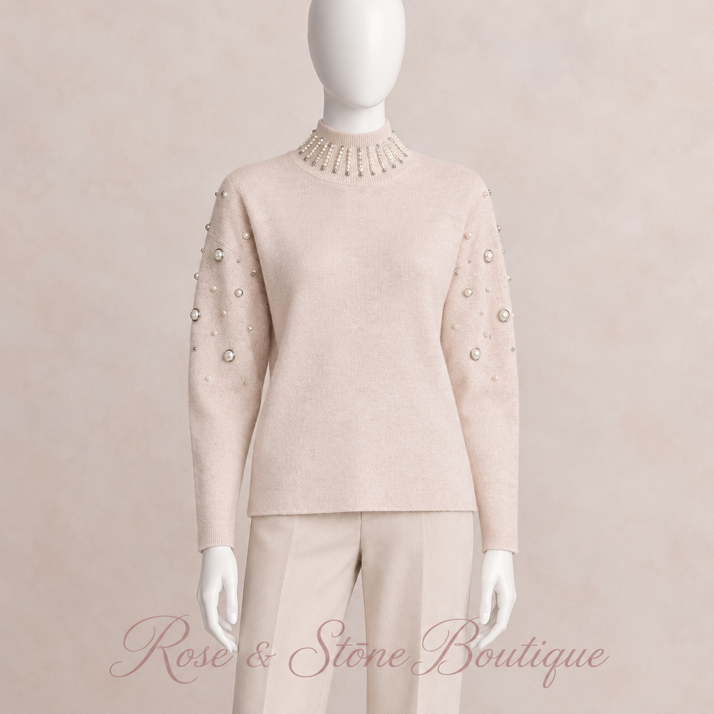 Pearl Afterglow Embellished Mock-Neck Sweater