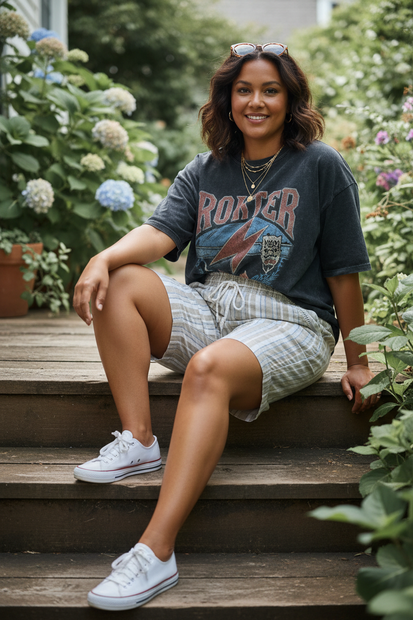 Curvy model on garden porch wearing Briggs New York striped linen shorts styled with vintage tee and white sneakers