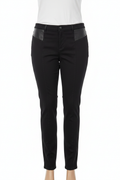The Leather Panel Slim Trouser - curvy mannequin with white tee, bold diagonal leather panels visible at front hips