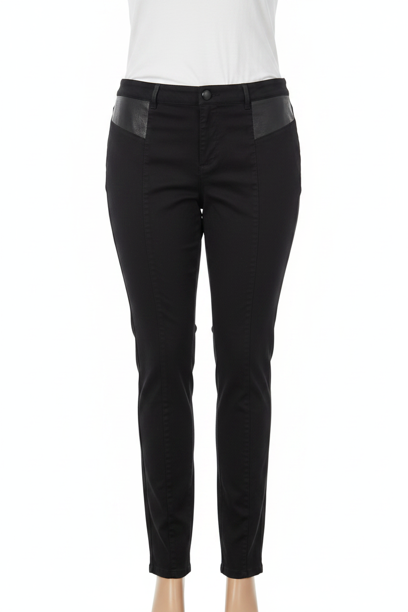 The Leather Panel Slim Trouser - curvy mannequin with white tee, bold diagonal leather panels visible at front hips