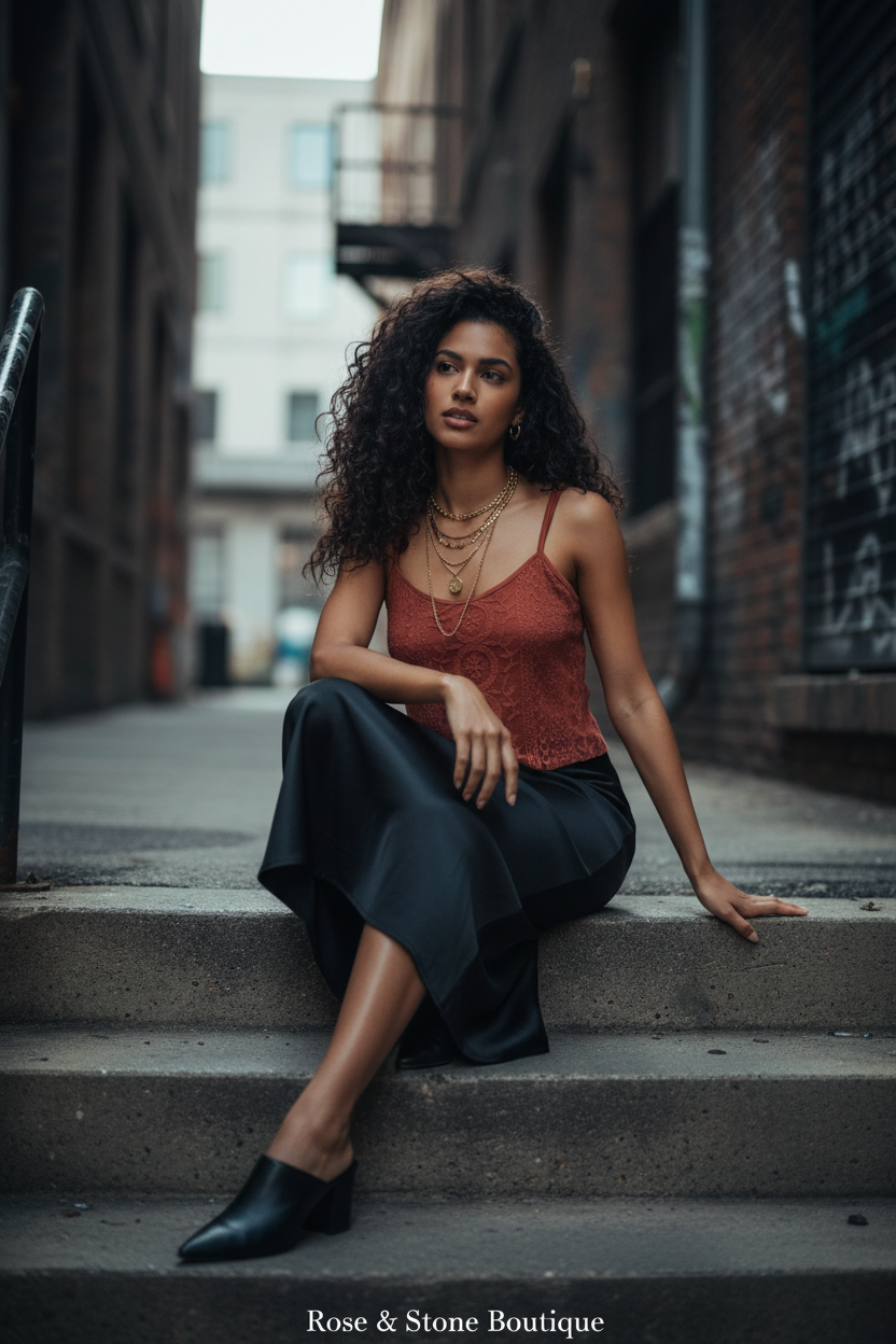 Model wearing rust terracotta lace cami with black satin slip skirt on urban steps