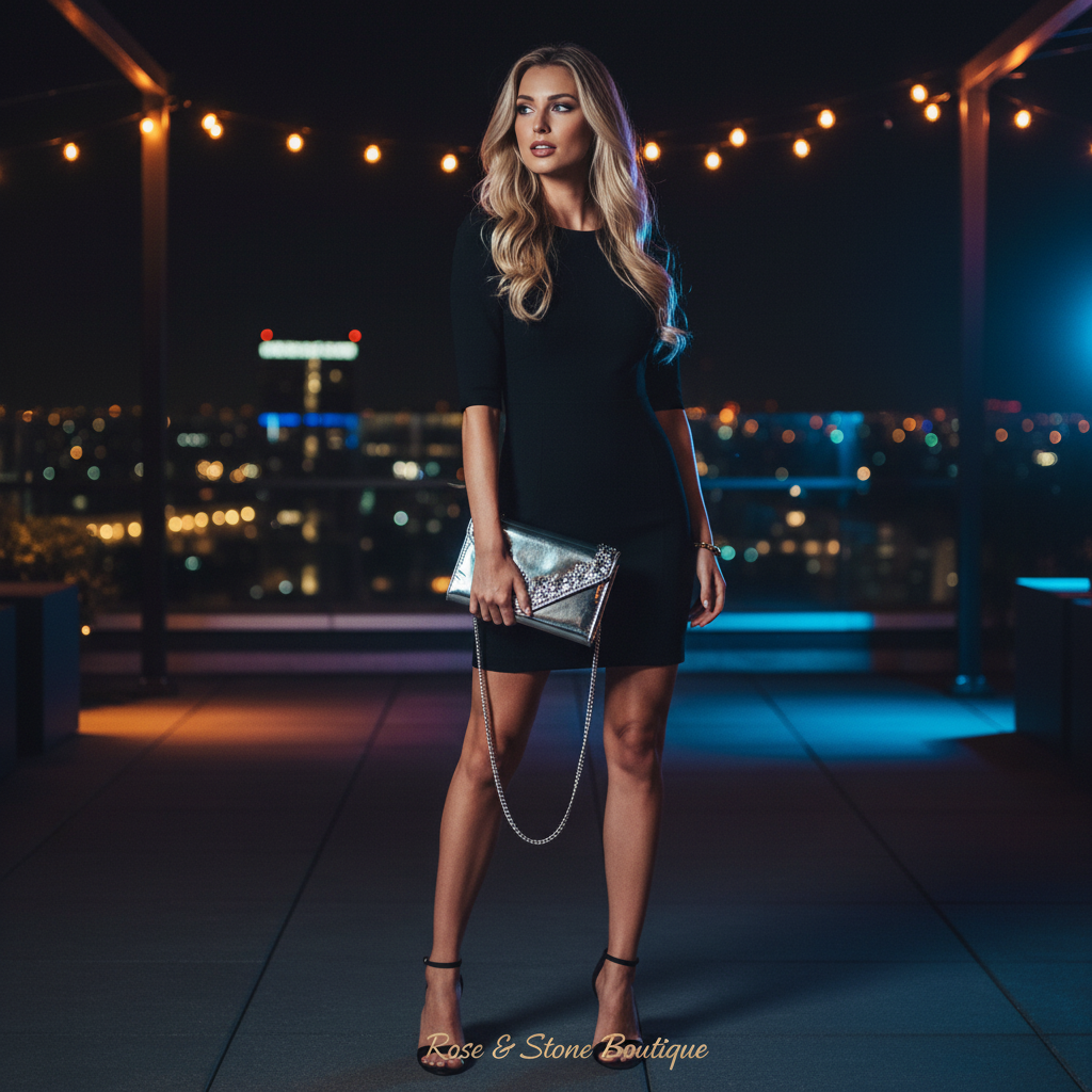 ALDO silver clutch — model rooftop bar night, black mini dress