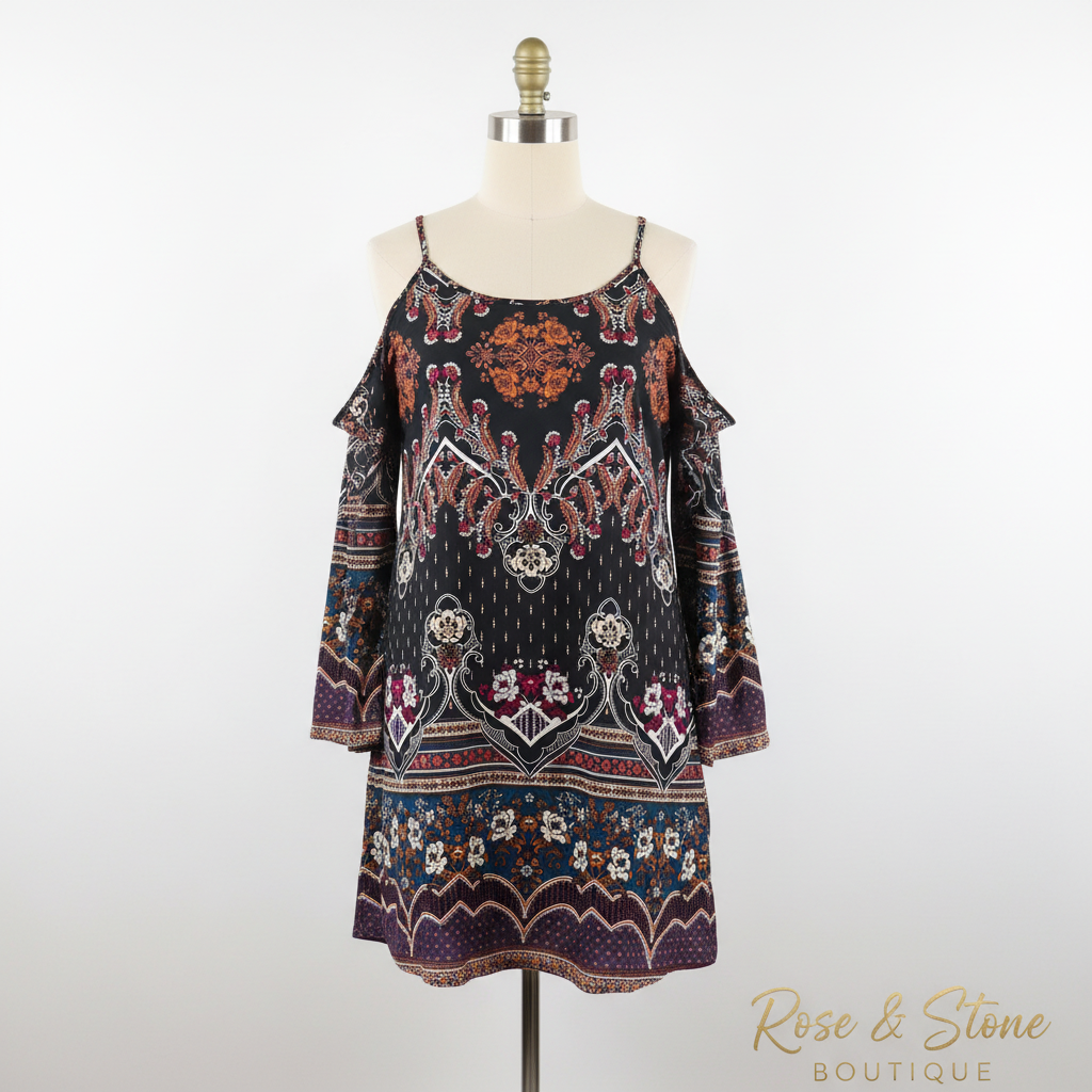 Venus Boho Medallion Cold-Shoulder Flutter Sleeve Mini Dress — Size L