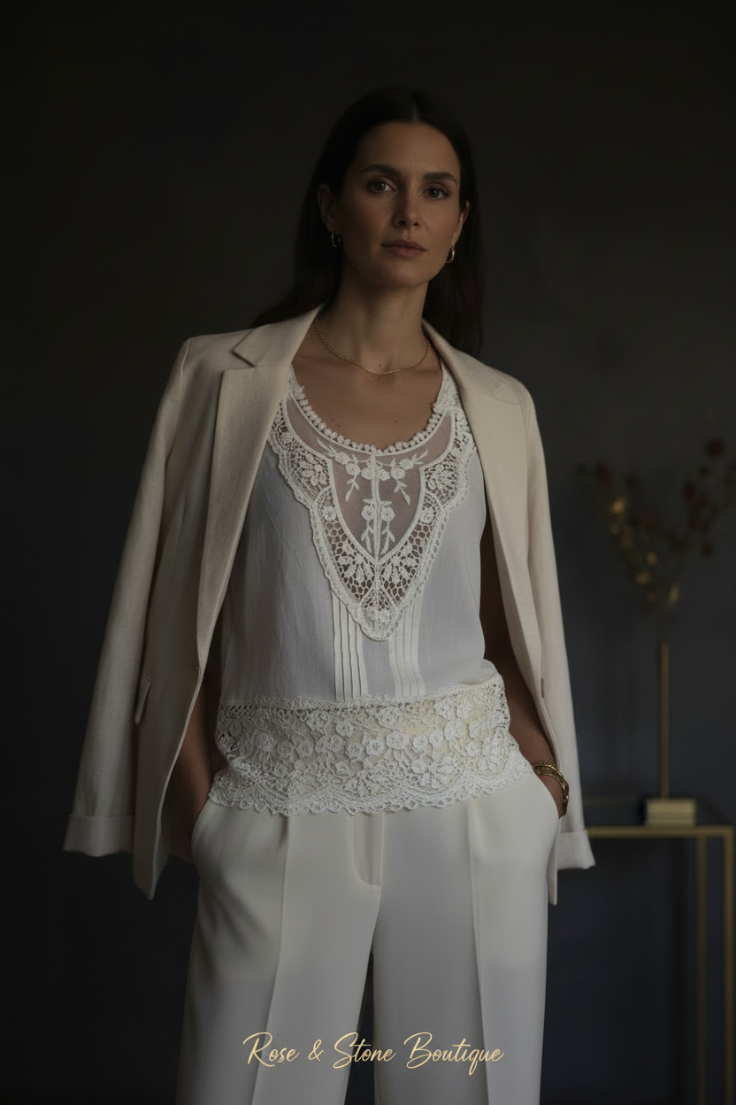 Kismet Ivory Heirloom Lace Tank — dark studio lifestyle, model 30s