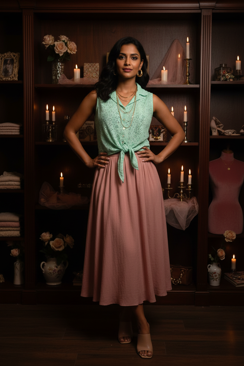 Gently Drifting Mint Eyelet Tie-Front Blouse