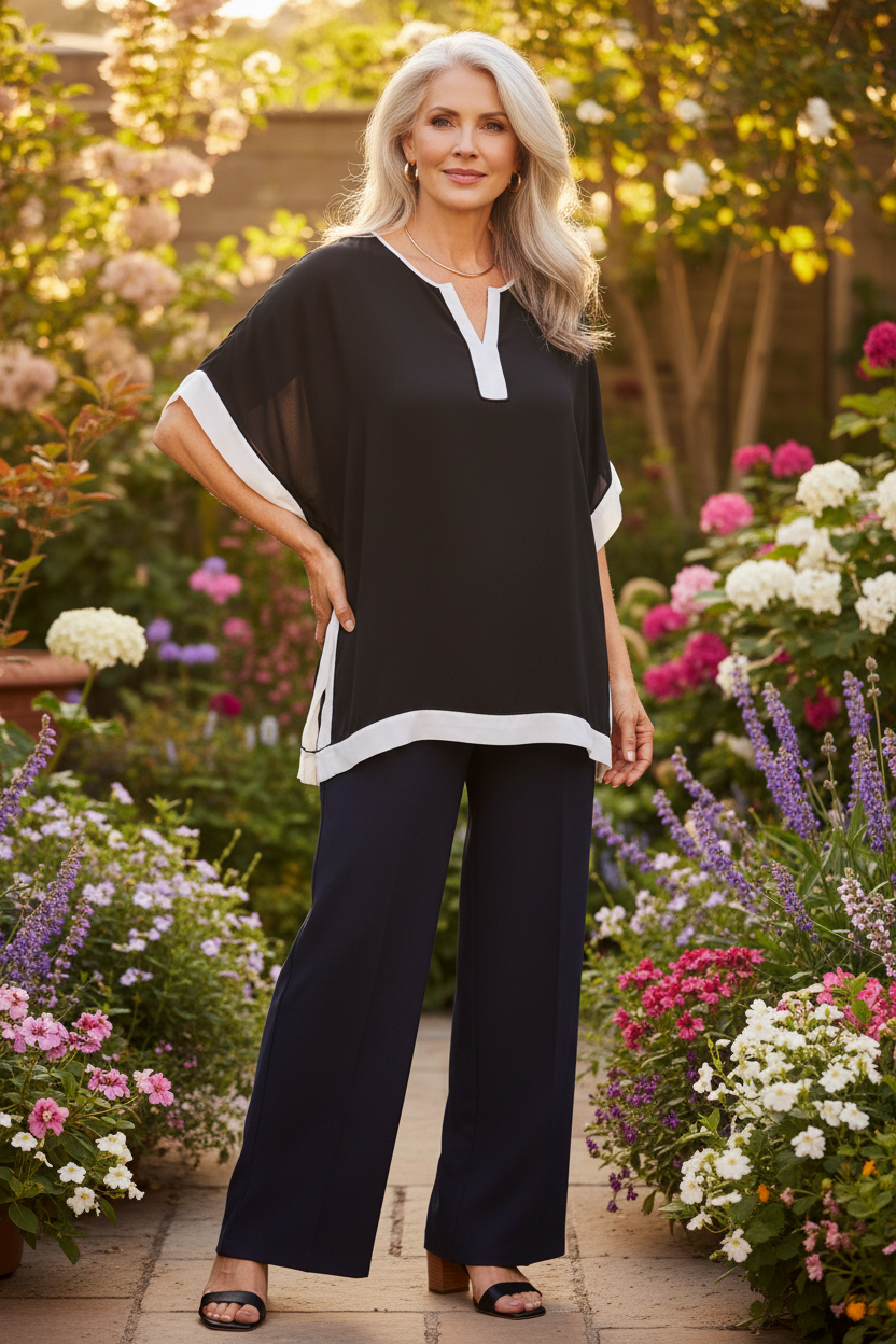 Size L/XL model in her 60s with silver hair wearing Nygård black white blouse in sunlit garden
