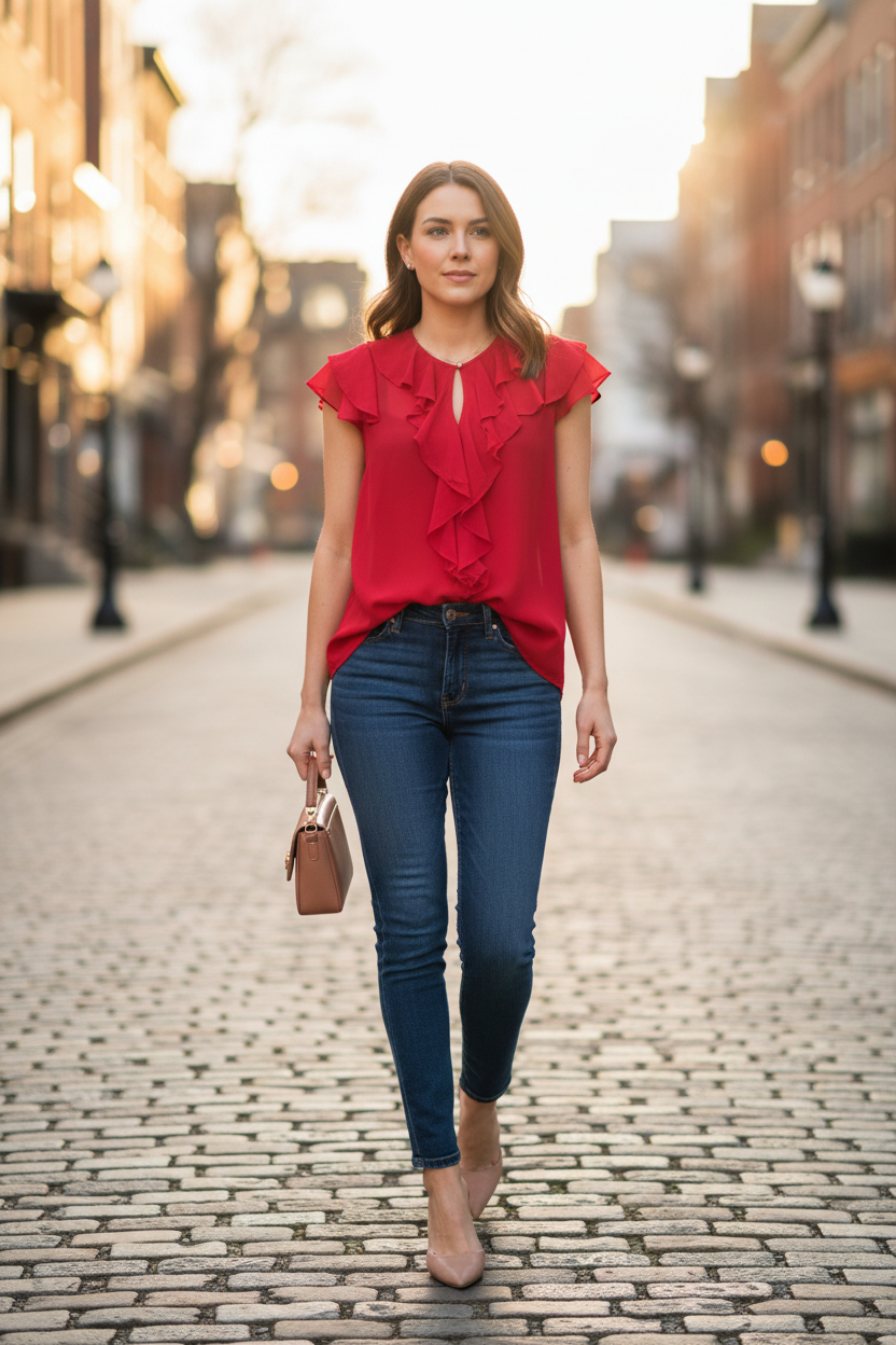 Scarlet Flutter Blouse — styled with dark denim and nude mules, golden hour