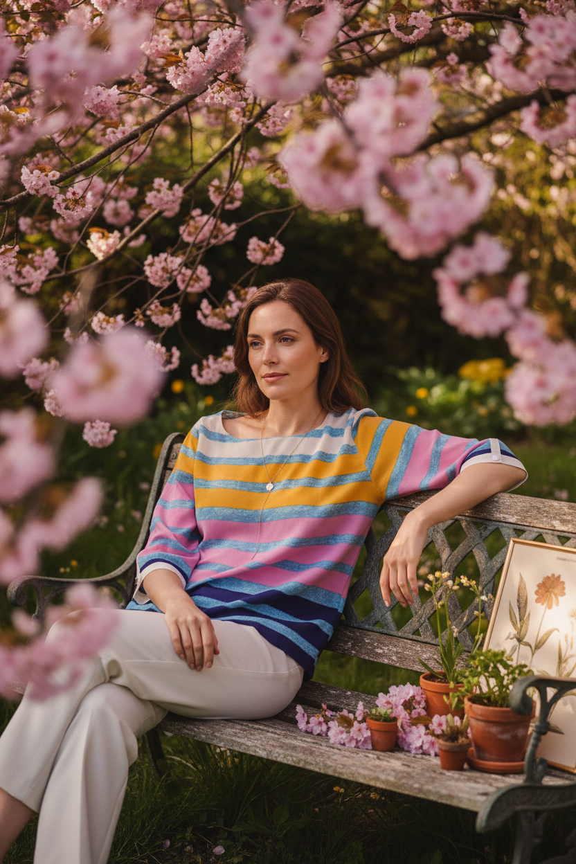 The Prism Stripe Silk Top - spring garden lifestyle editorial