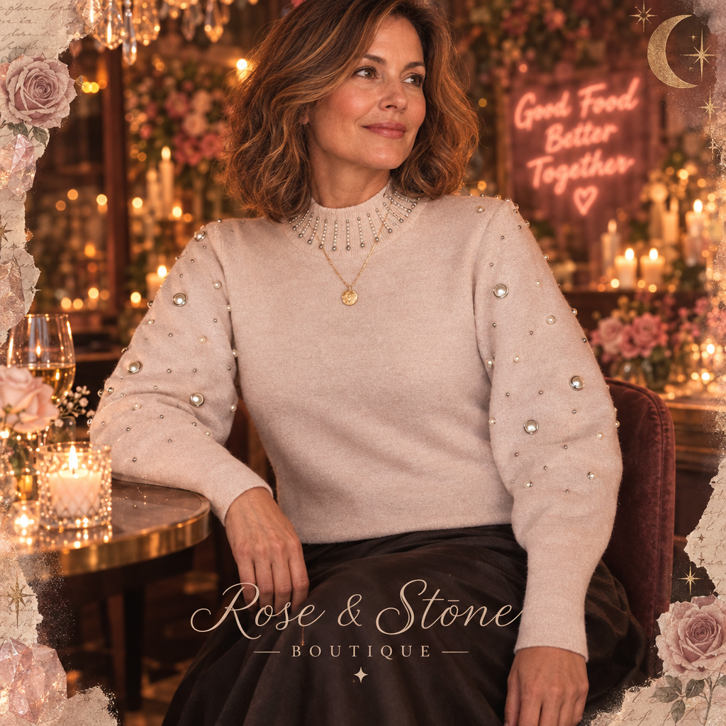 Pearl Afterglow sweater on a Medium-build model, dinner styling