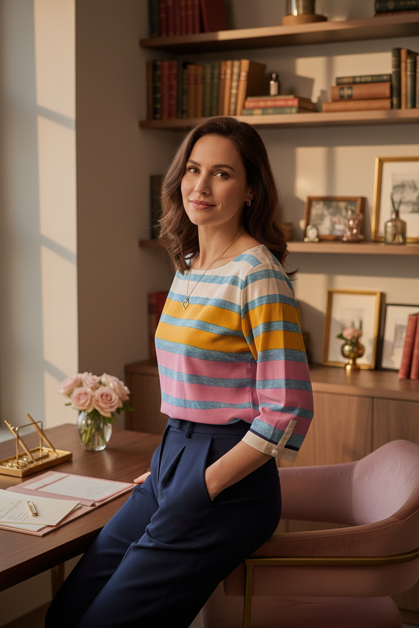 The Prism Stripe Silk Top - office chic lifestyle editorial