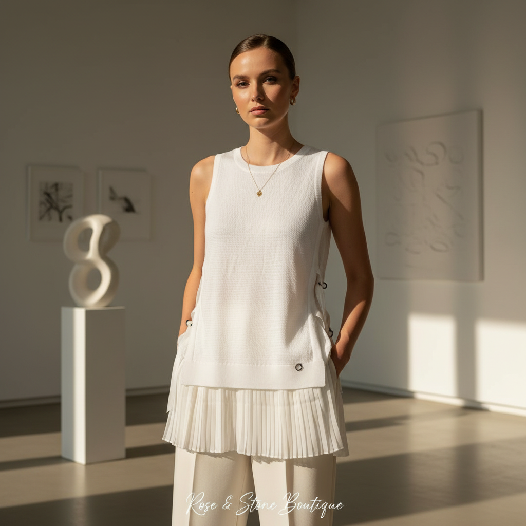RUDSAK optic white lace-up knit top styled for gallery — gallery-opening look, wide-leg trousers, minimalist interior
