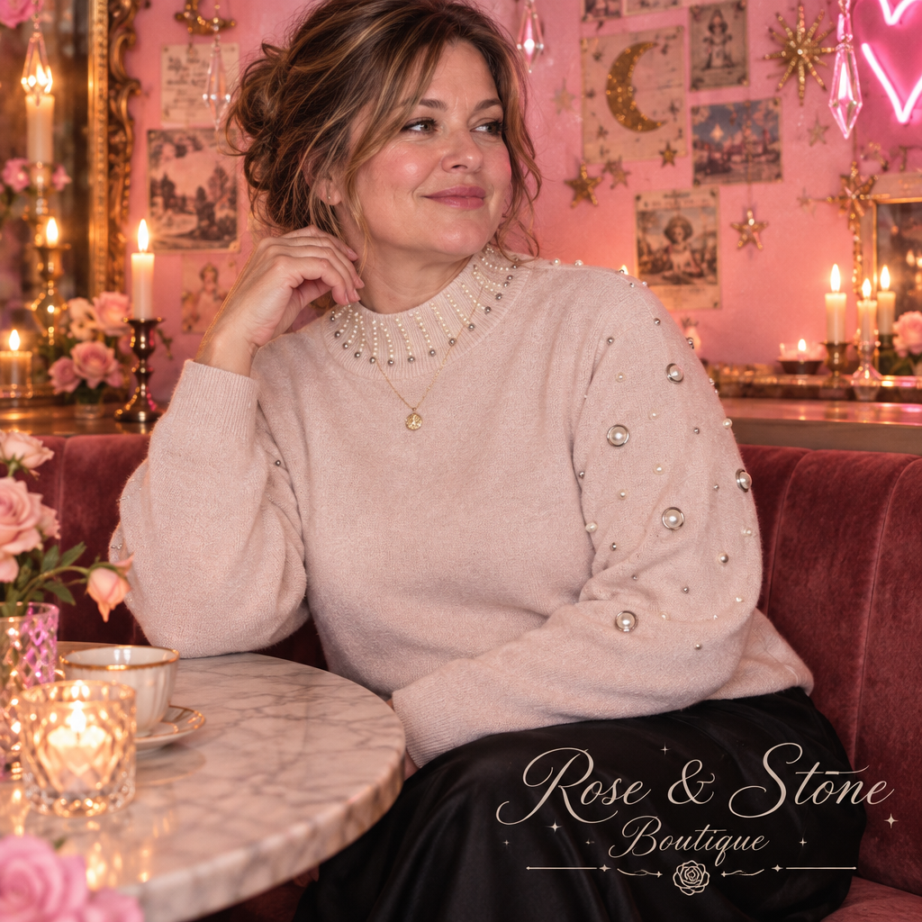 Pearl Afterglow Embellished Mock-Neck Sweater