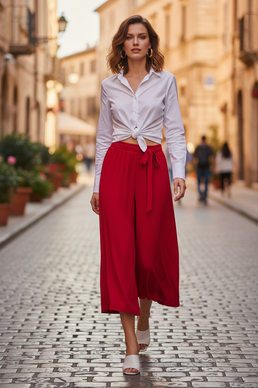 European street style — red palazzo capri with white knotted shirt and block heels
