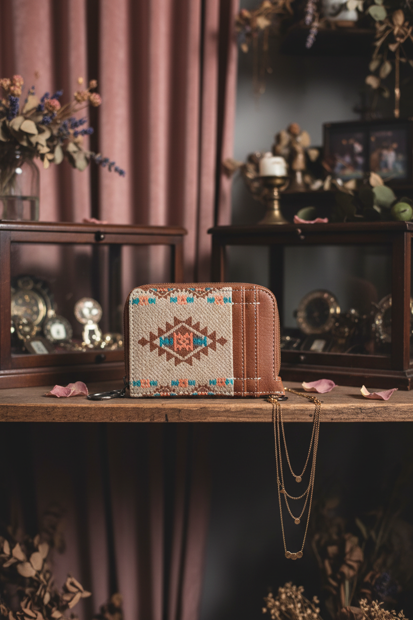 Southwestern Aztec Wallet - Zip-Around Wallet with Chain