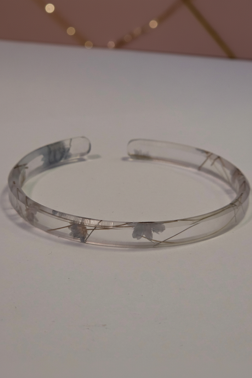 Clear resin cuff bracelet with pressed botanicals and gold wire, Rose & Stōne Boutique