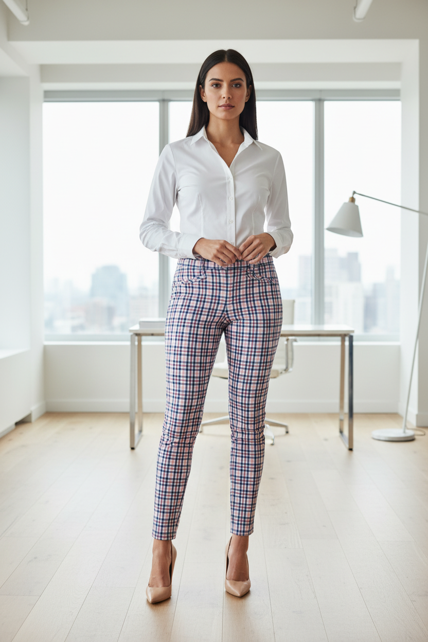 Athletic size 12 model wearing GAP plaid trousers in office setting