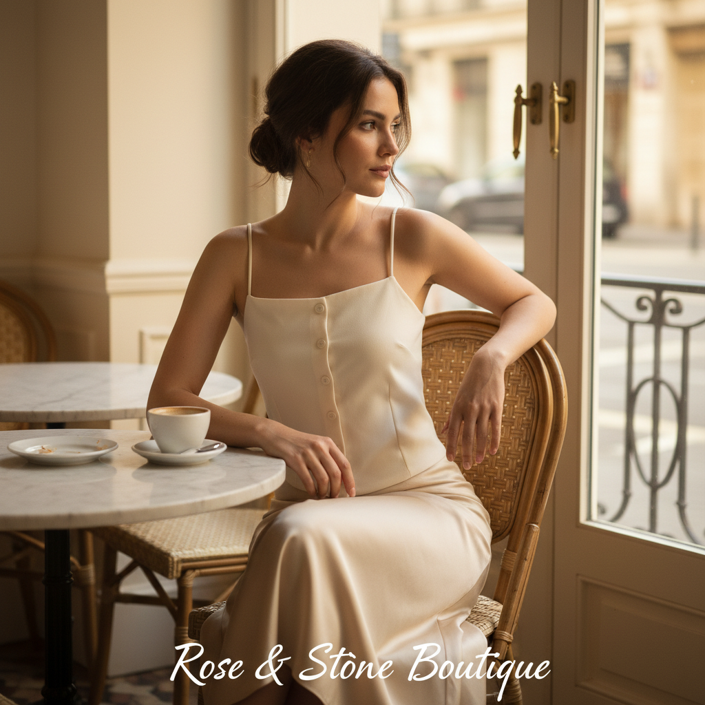 Model wearing ivory button-front cami tucked into champagne midi skirt at a Parisian café