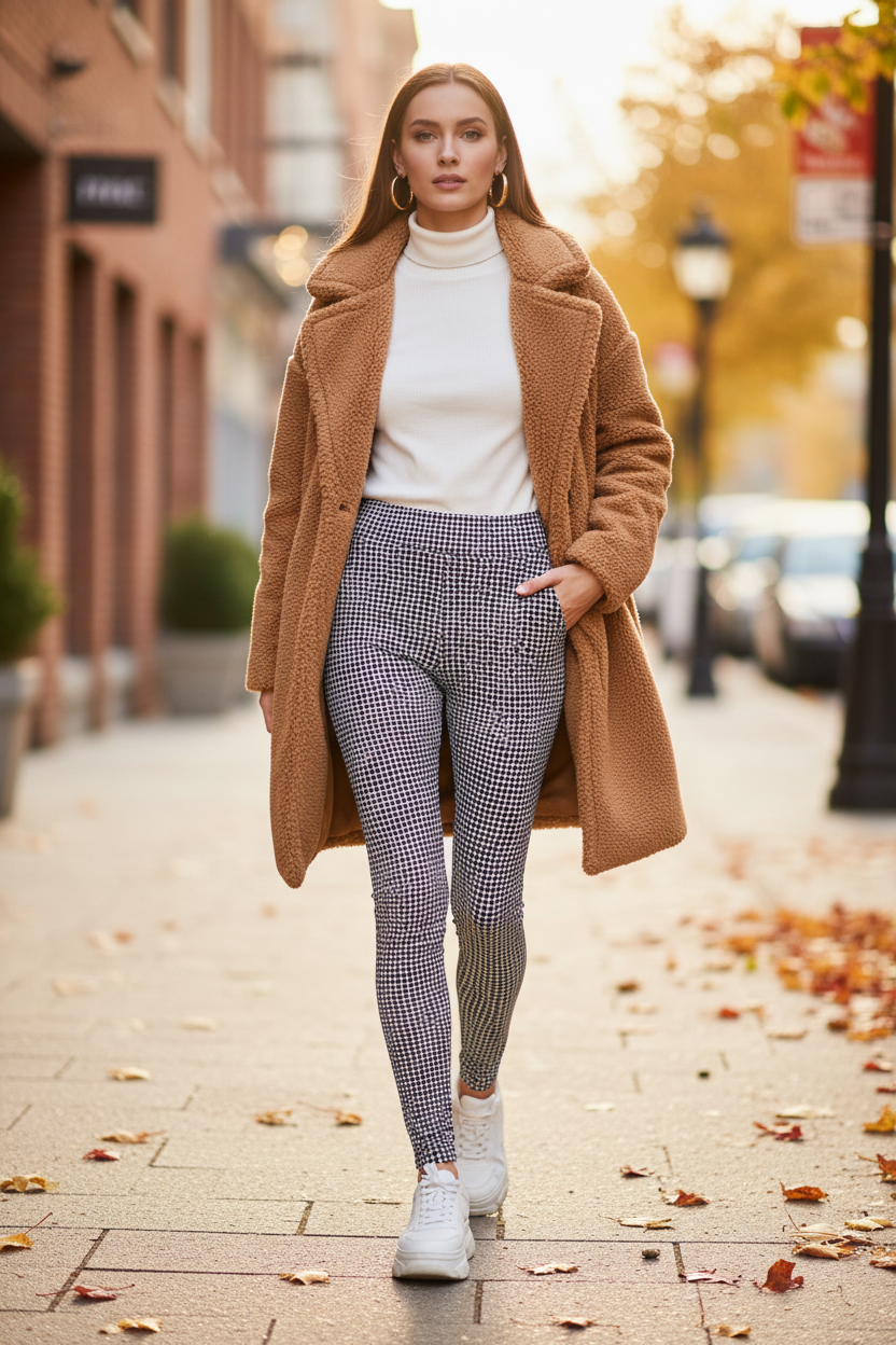 Autumn street style — lululemon grid legging with camel teddy coat and white turtleneck