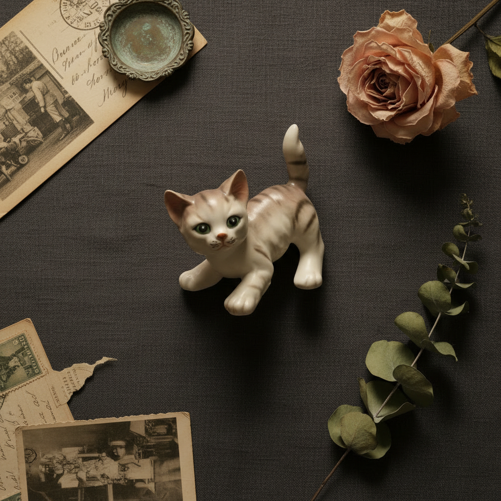 Vintage Japanese porcelain tabby kitten figurine flat lay on dark linen with vintage postcards and dried florals