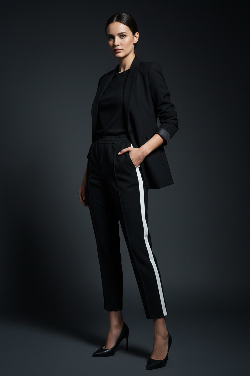 Power dressing editorial — black cropped side-stripe trouser with black blazer and heels