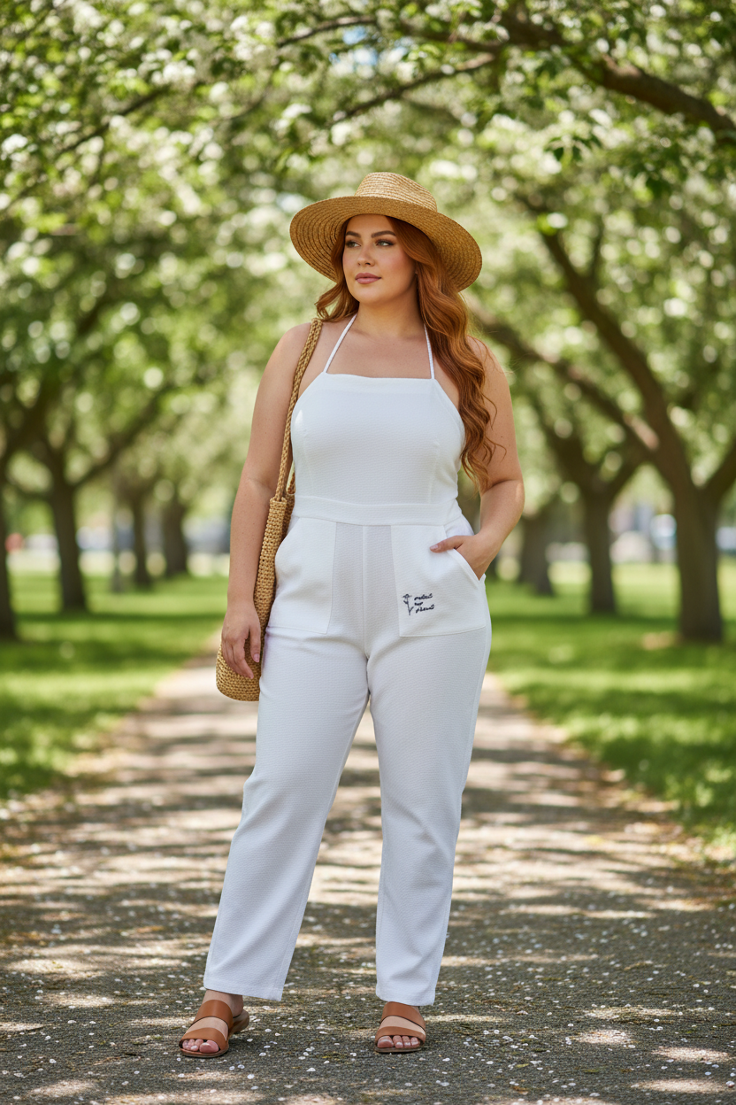 Model wearing white halter jumpsuit in blooming park, boho styling with straw hat and woven tote