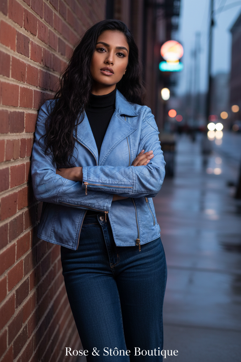 Model 2 - Urban night edit, sky blue quilted moto jacket