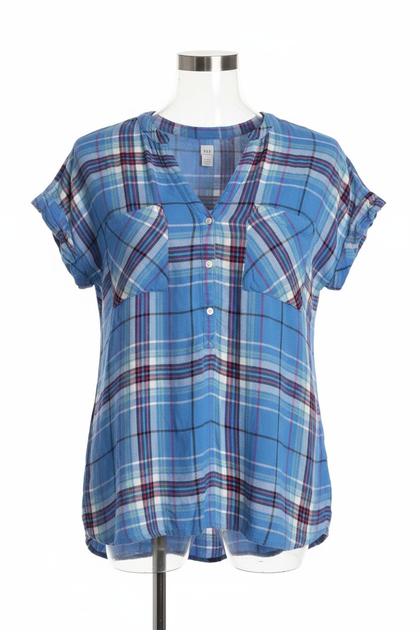 GAP blue plaid popover blouse on mannequin white background