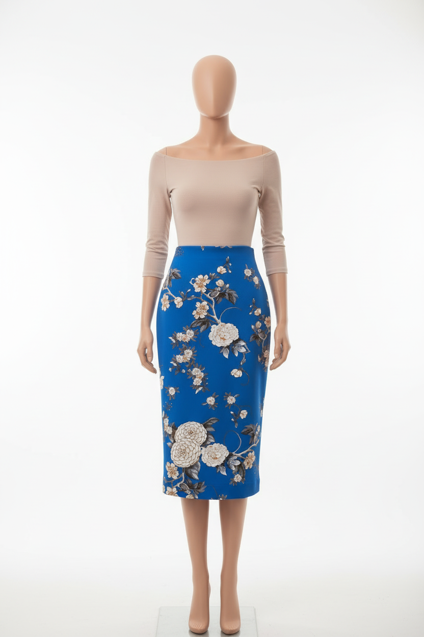 Romantically Blooming Cobalt Pencil Skirt