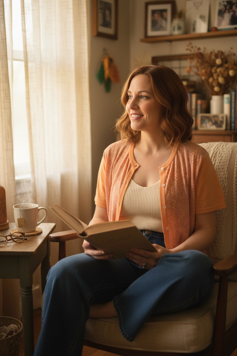 Tasse Tasse apricot lace cardigan — lifestyle 30s cozy indoors