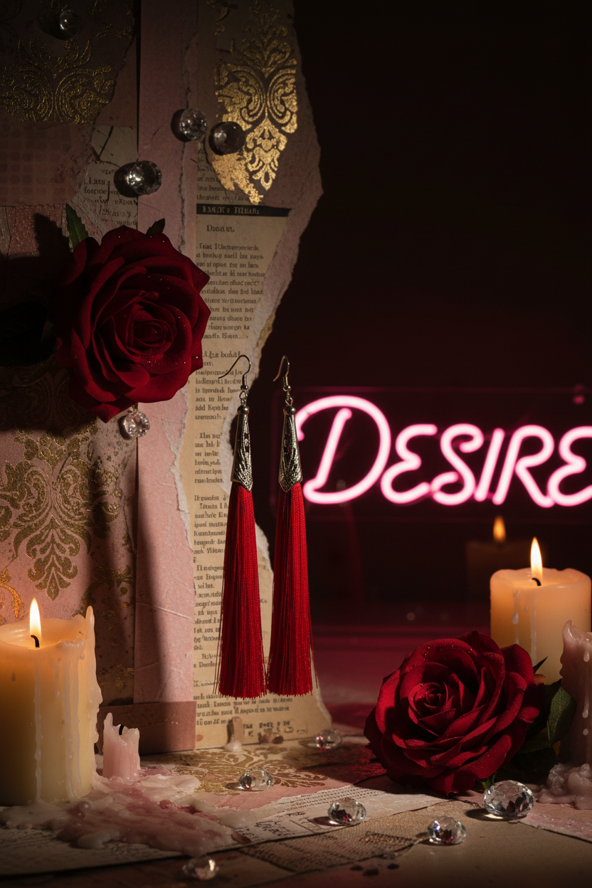 Red silk tassel drop earrings with silver filigree cone tops in moody boutique setting