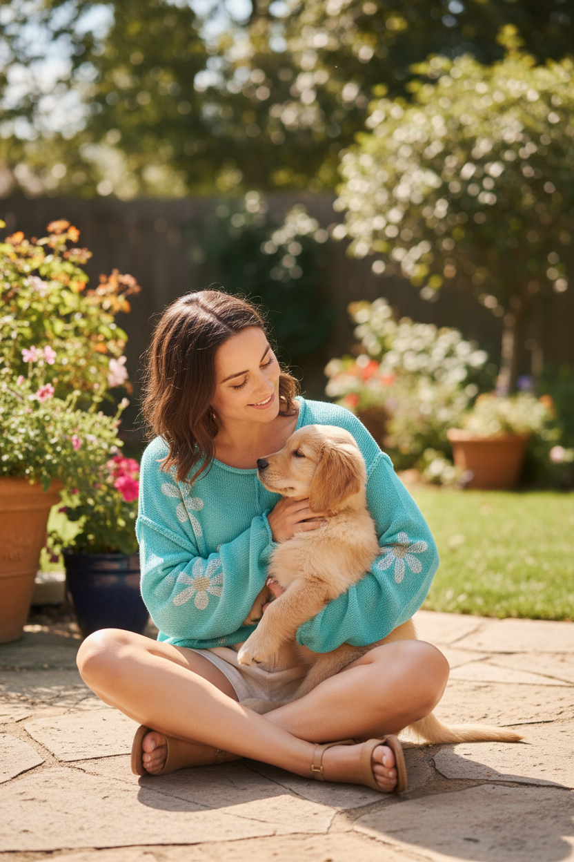 Small size model wearing POL turquoise daisy sweater cuddling golden retriever puppy