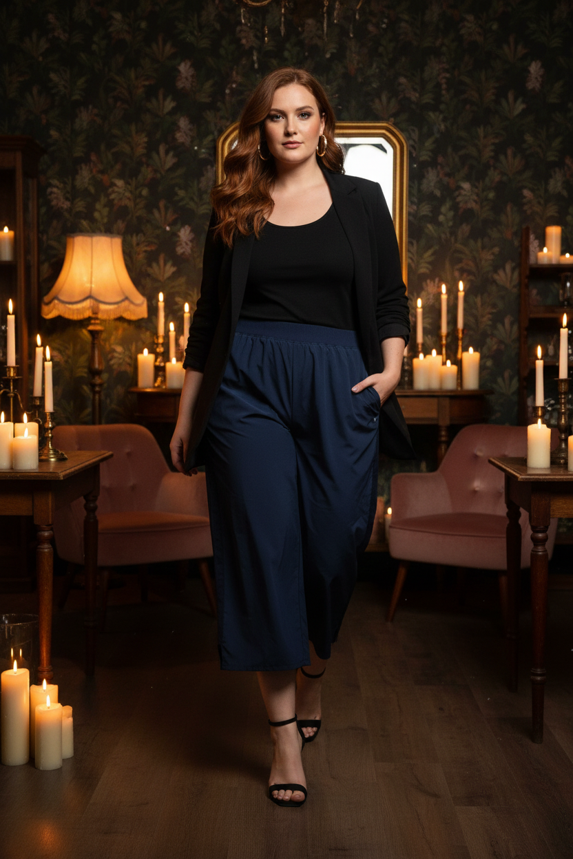 Model wearing Midnight Drift Cropped Wide-Leg Pants with black blazer and strappy sandals