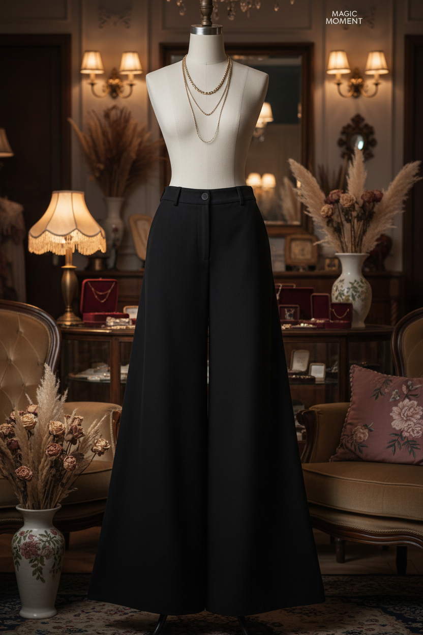 Black wide-leg palazzo trousers from Magic Moment displayed in vintage boutique setting