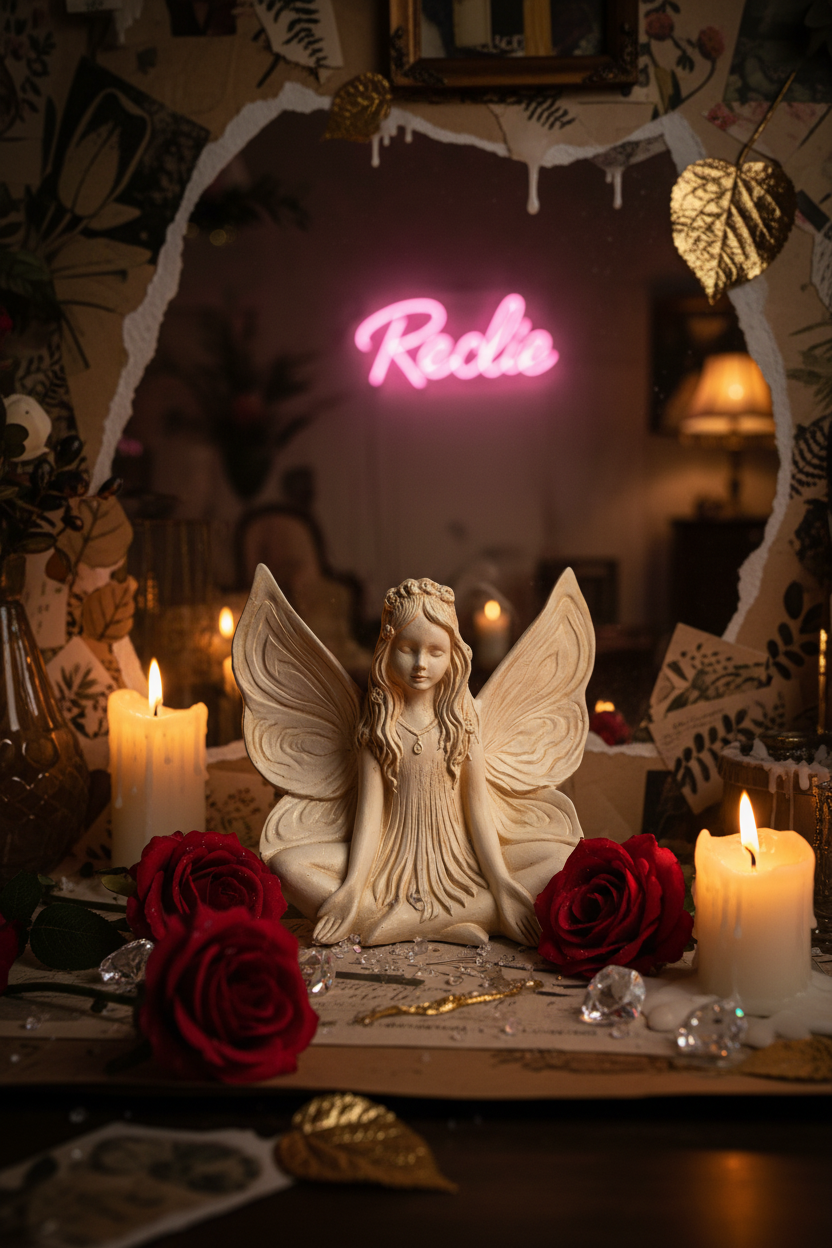 Cream ceramic fairy figurine with butterfly wings in moody boutique setting