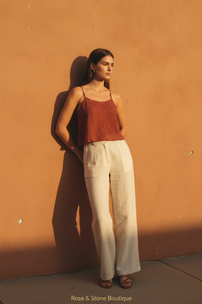 Model wearing rust terracotta lace cami styled with cream linen trousers in golden hour light