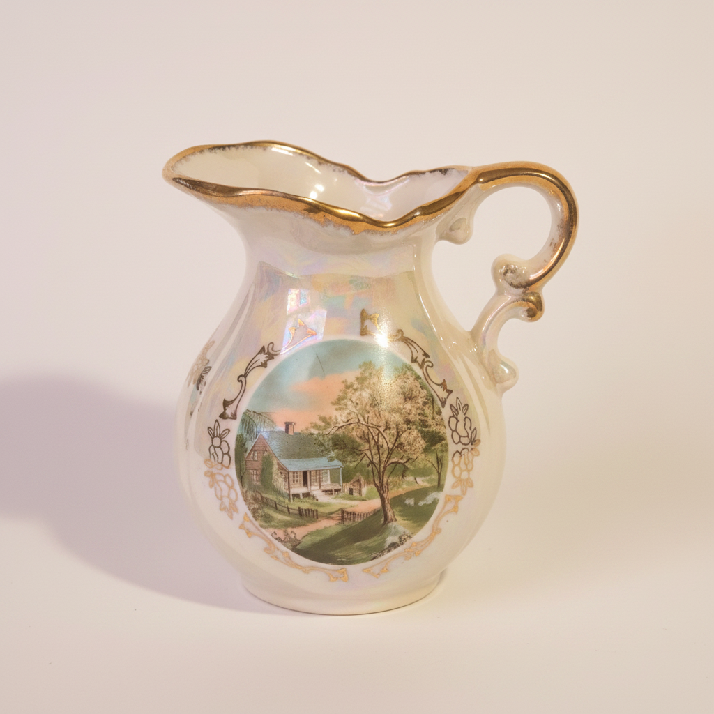 The Homestead Pitcher — Vintage Japanese Lusterware with Currier & Ives Spring Pastoral Scene