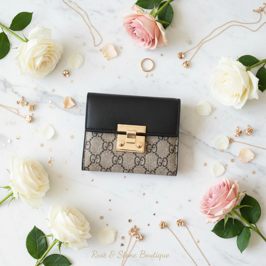 GG-style compact wallet — flat lay marble with roses and gold jewellery