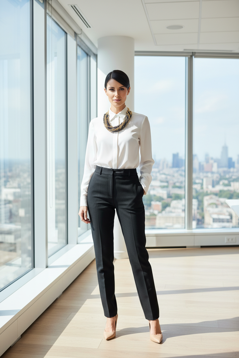 Professional woman in her 30s wearing chunky gold black chain necklace in corporate office