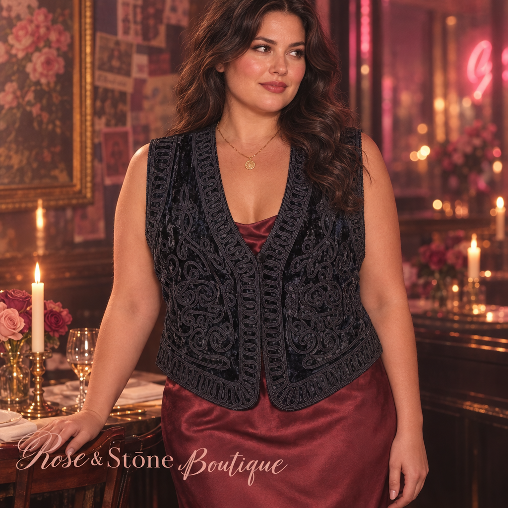 Black velvet soutache vest over a dark rose dress for an evening setting