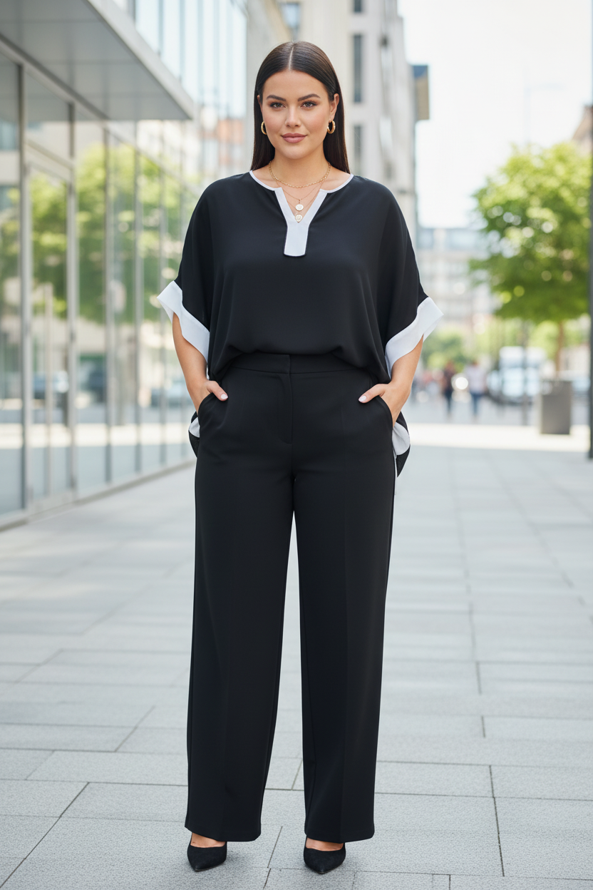 Size L/XL model in her 20s wearing Nygård black white blouse on city street