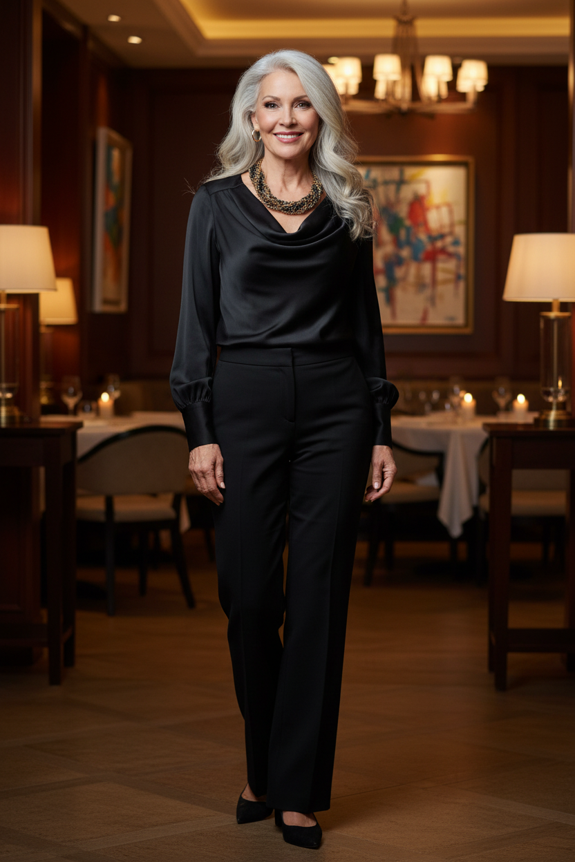 Elegant silver-haired woman in her 60s wearing chunky gold black chain necklace at art gallery