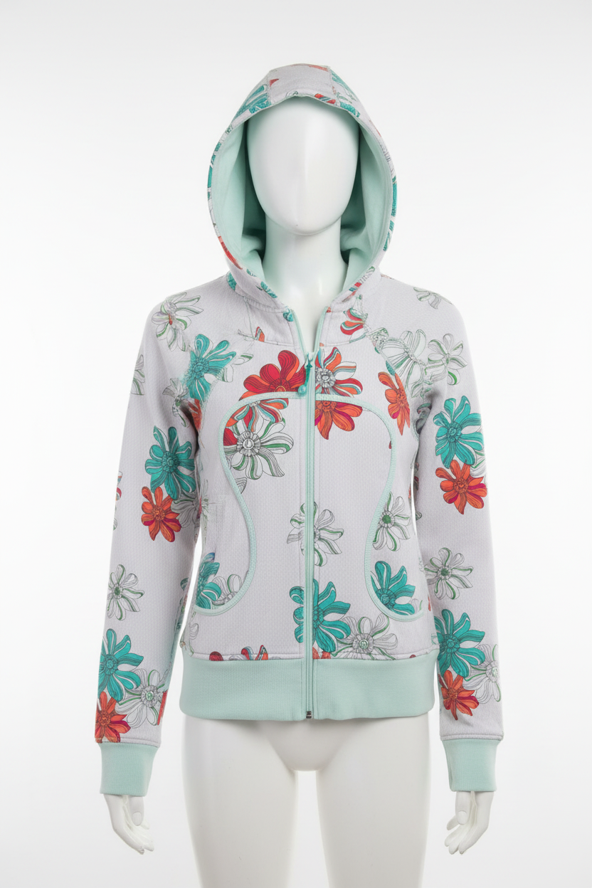 Lululemon floral full zip hoodie on mannequin white background
