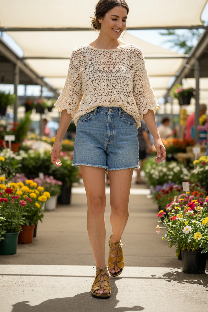 Model wearing mustard patent gladiator sandals with denim cutoffs walking through a sunlit farmers market