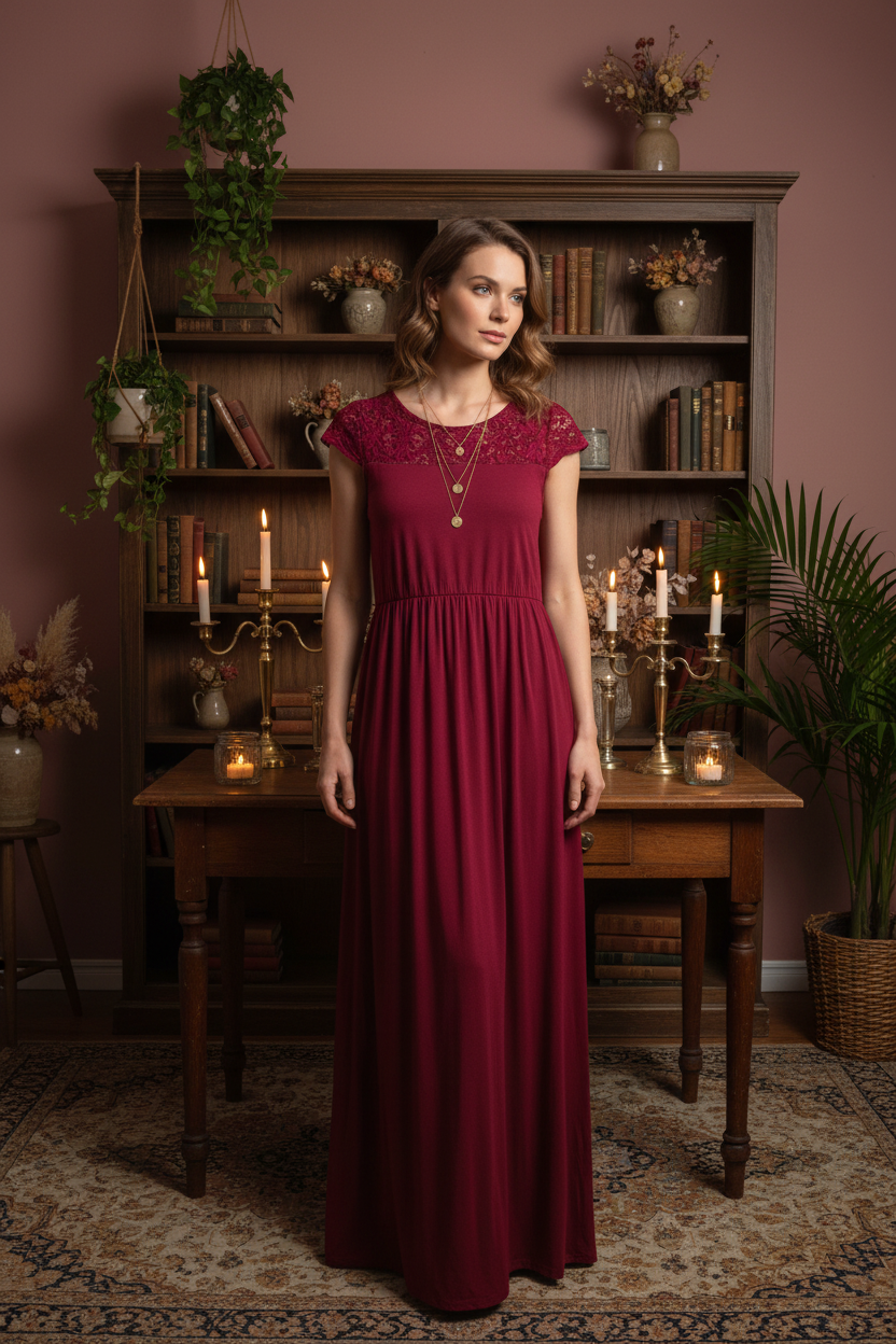 Darkly Blooming Crimson Lace Maxi Dress