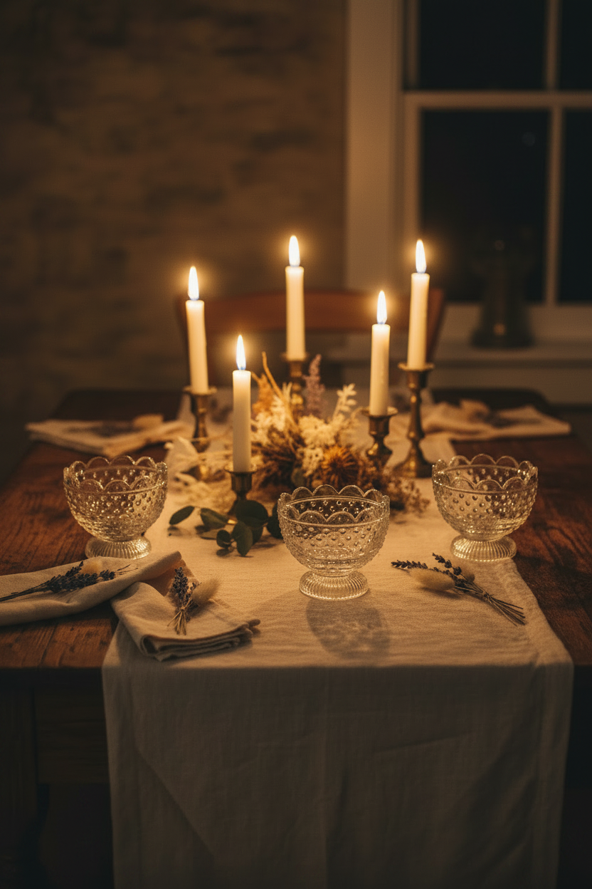 4 clear hobnail footed compote bowls styled on a candlelit dinner table