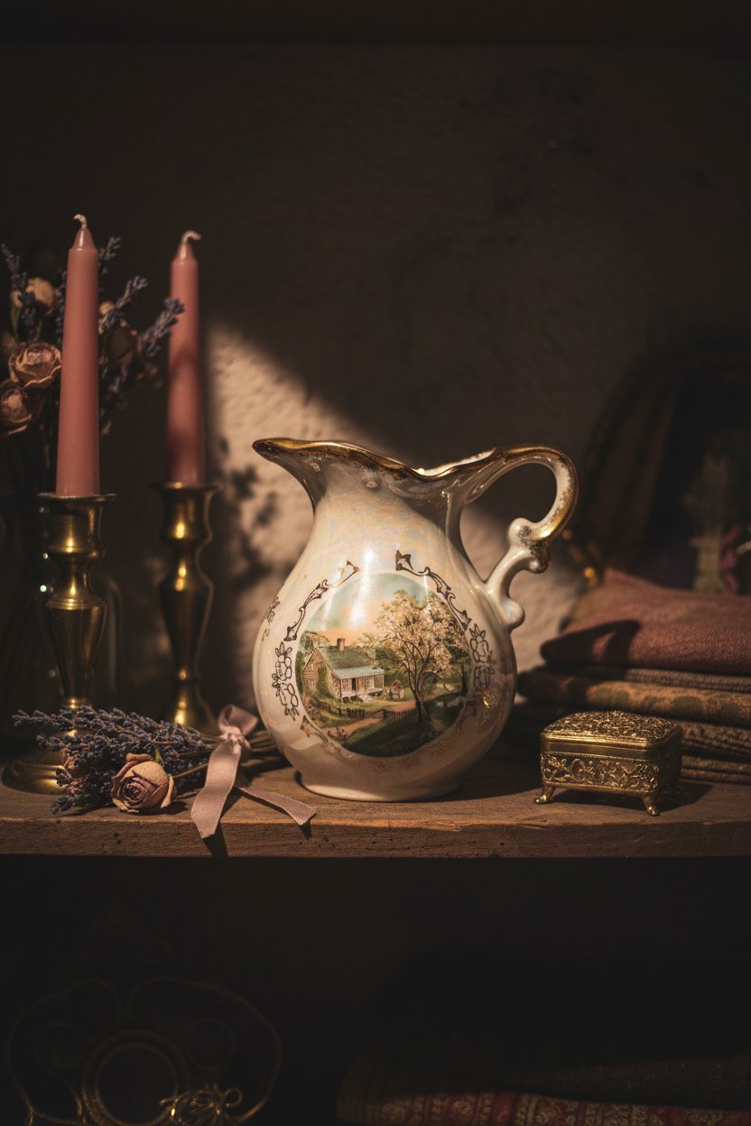 Vintage Japanese lusterware pitcher displayed on a moody vintage boutique shelf with brass candlesticks
