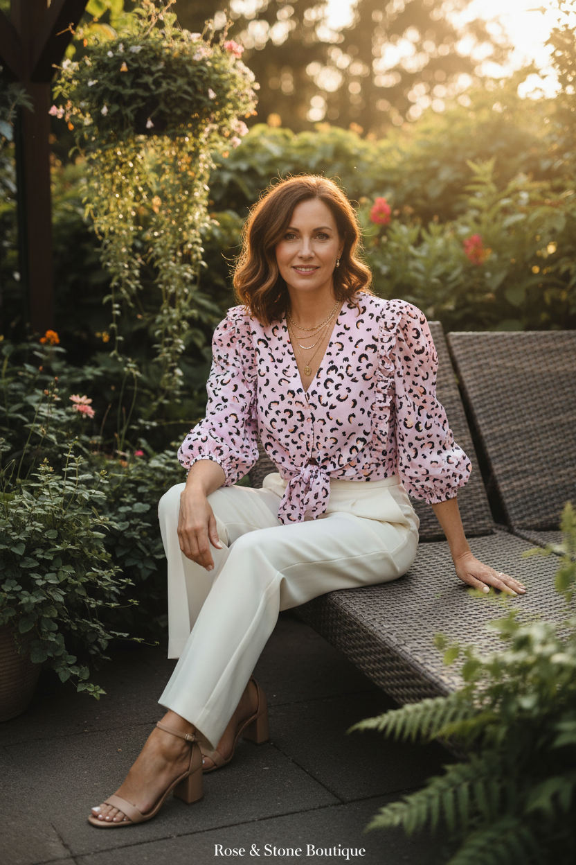 Model in her 40s wearing The Wild Bloom Blouse in an Alberta garden setting
